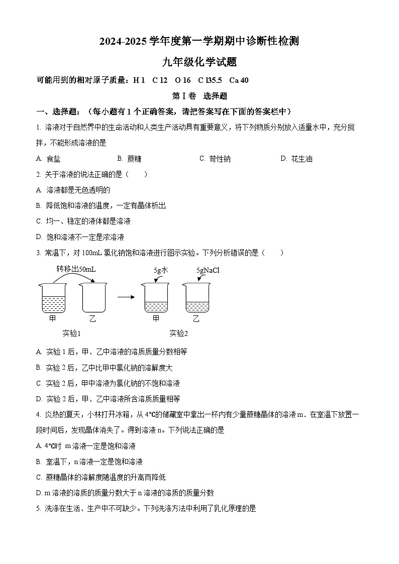 山东省淄博市高青县2024-2025学年九年级上学期期中考试化学试题第1页