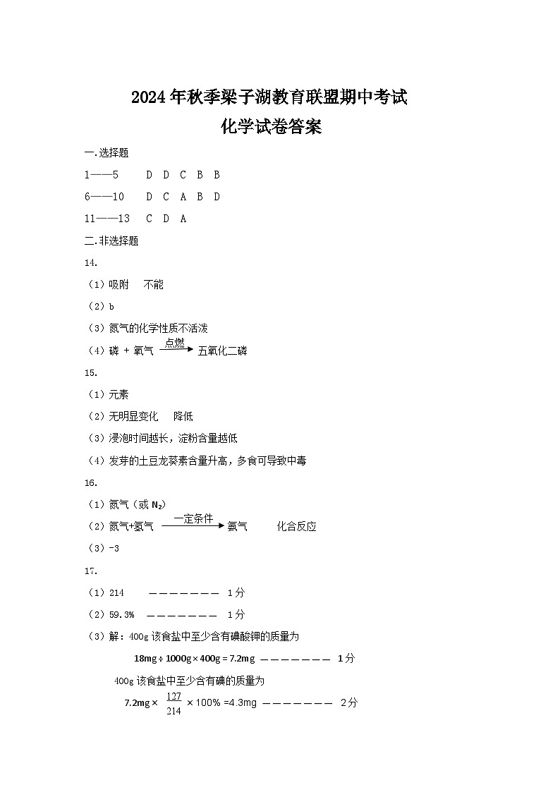 湖北省鄂州市梁湖教育联盟2024年秋九年级期中质量检测化学试题参考答案第1页