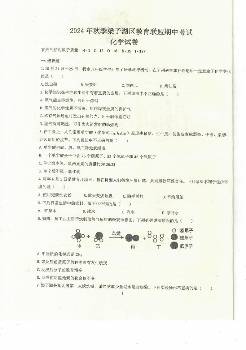 湖北省鄂州市梁湖教育联盟2024年秋九年级期中质量检测化学试题第1页