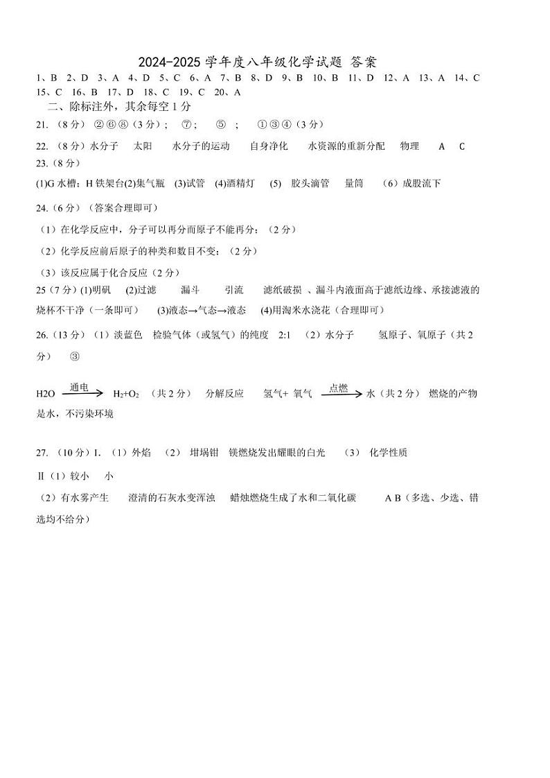 山东省东营市东营区2024-2025八年级上学期期中考试化学试题01