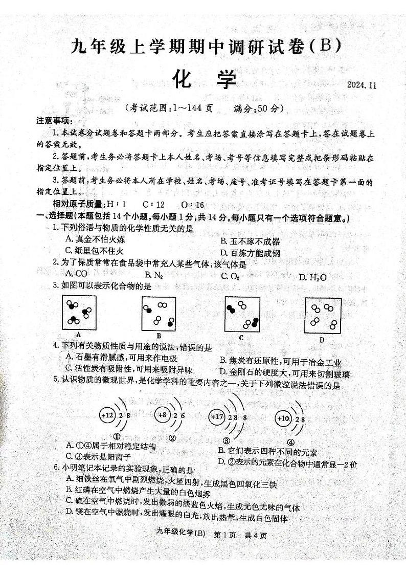 河南省林州市2024-2025学年九年级上学期期中考试化学试卷第1页