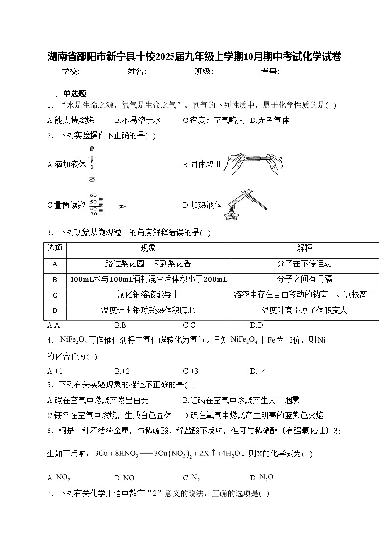 湖南省邵阳市新宁县十校2025届九年级上学期10月期中考试化学试卷(含答案)第1页