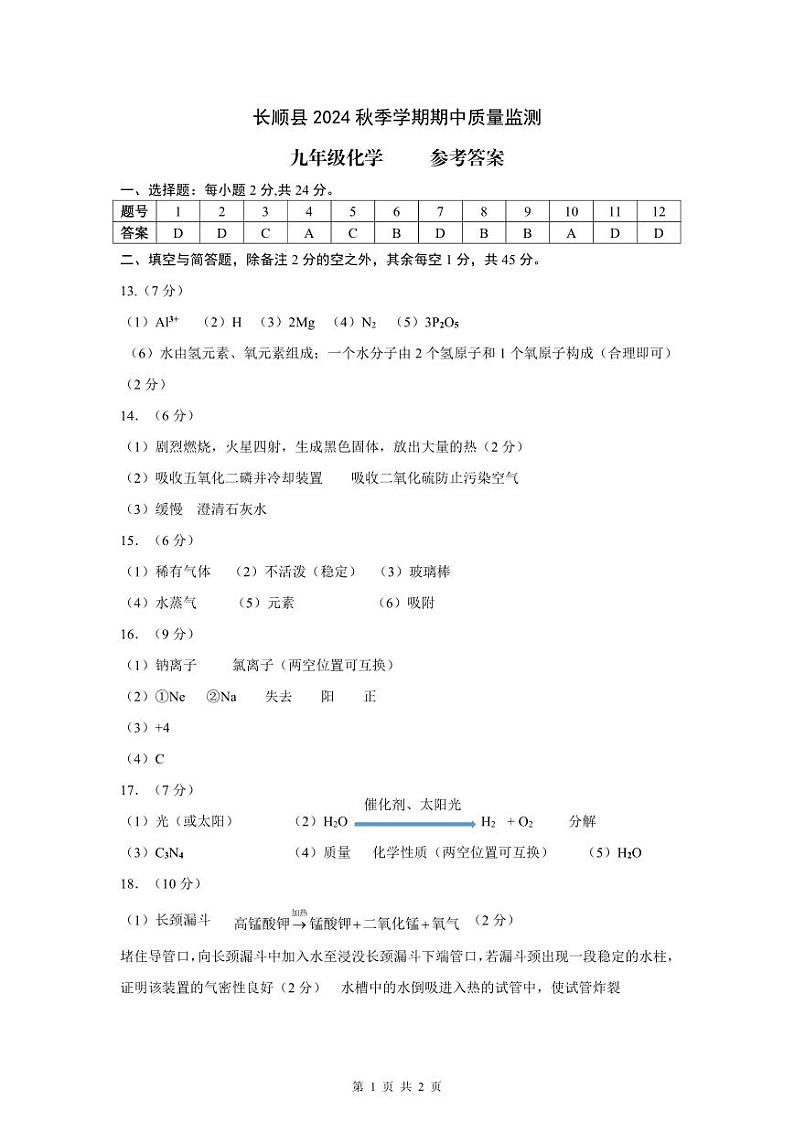 长顺县2024秋季学期期中质量监测-九年级化学-参考答案第1页