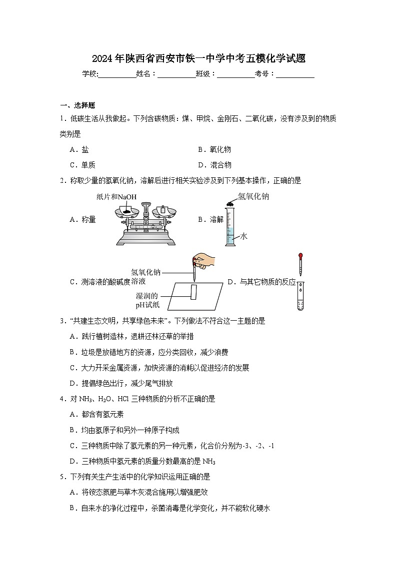 2024年陕西省西安市铁一中学中考五模化学试题第1页