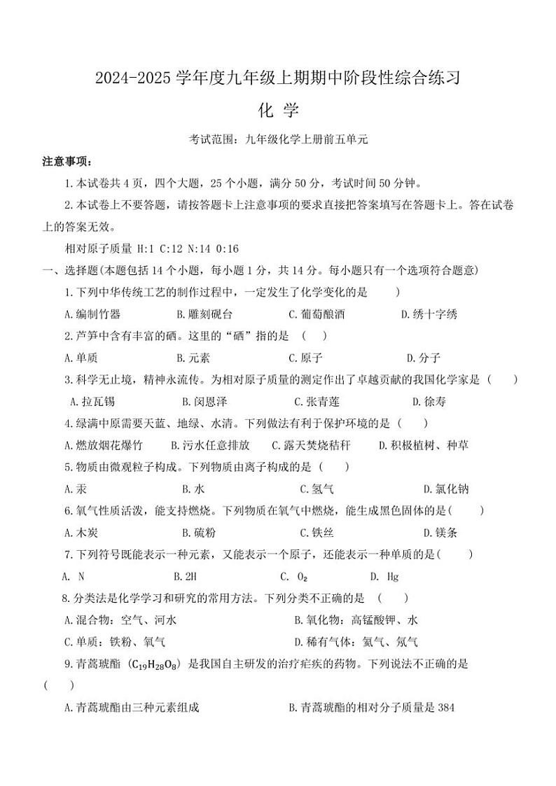 河南省信阳市淮滨县2024～2025学年九年级(上)期中化学试卷(含答案)第1页