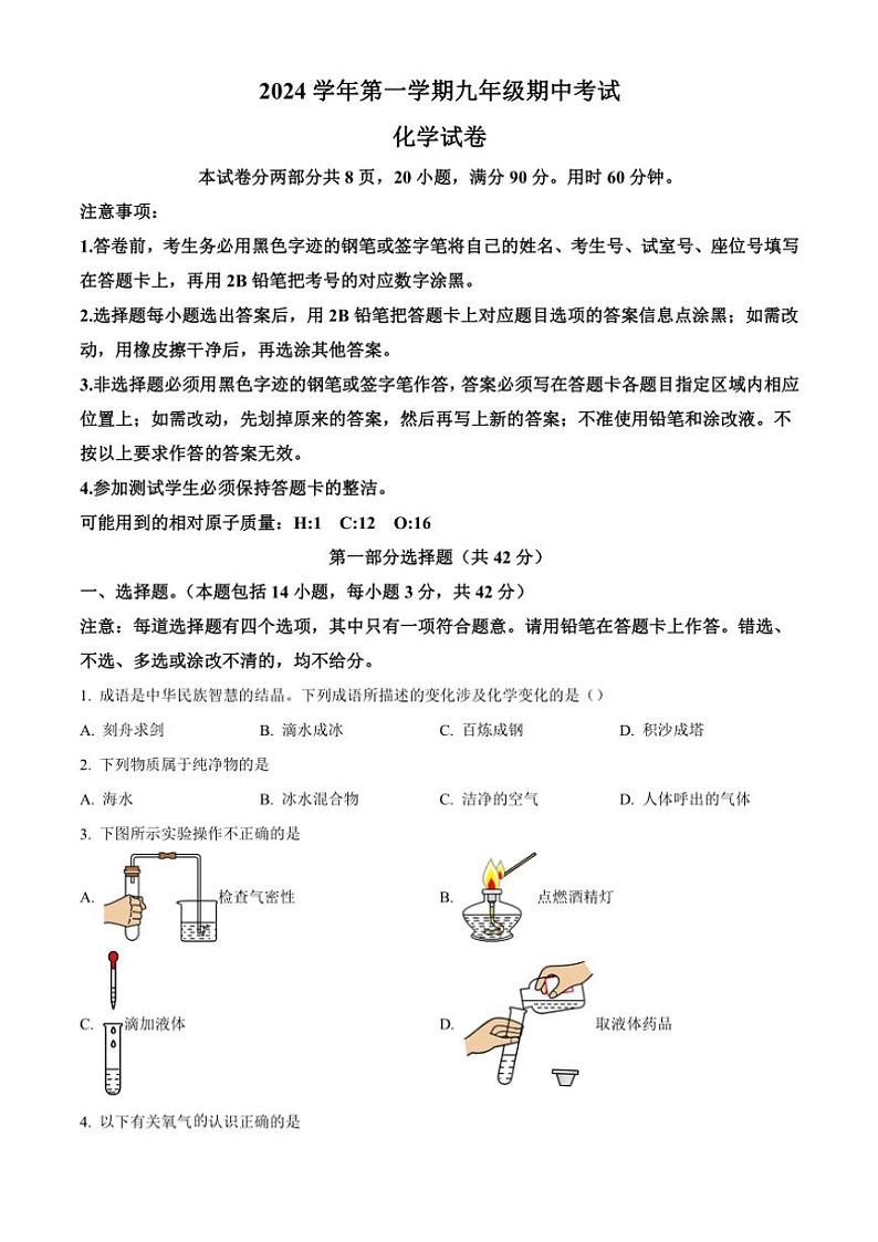 广东省仲元中学2024～2025学年九年级(上)期中化学试卷(含答案)01