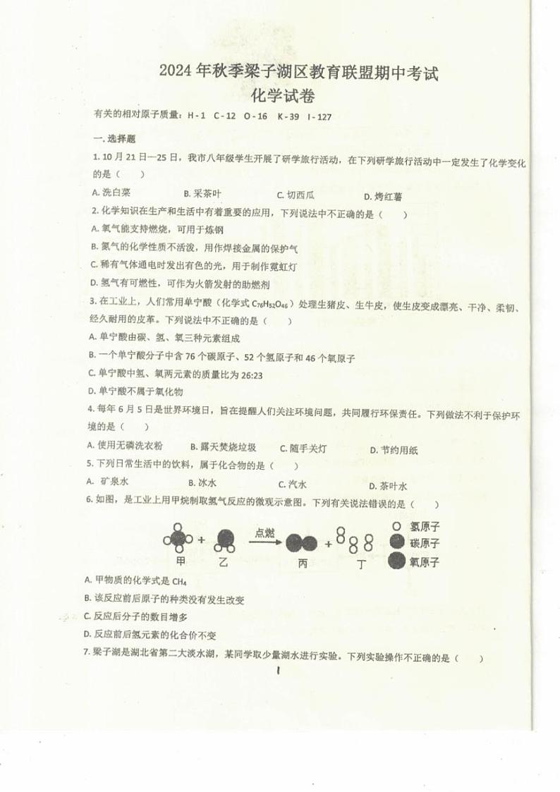 湖北省鄂州市梁子湖区梁湖初中联盟2024～2025学年九年级(上)期中化学试卷(含答案)第1页