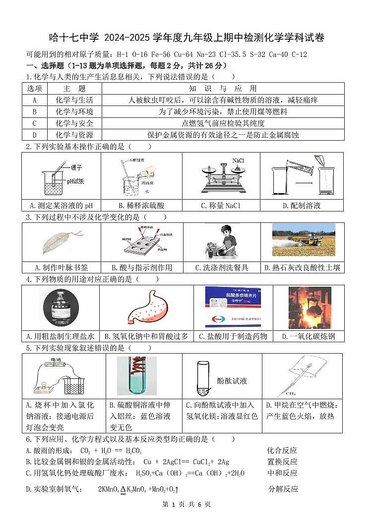 黑龙江省哈尔滨市第十七中学2024-2025学年九年级上学期期中检测化学试卷第1页