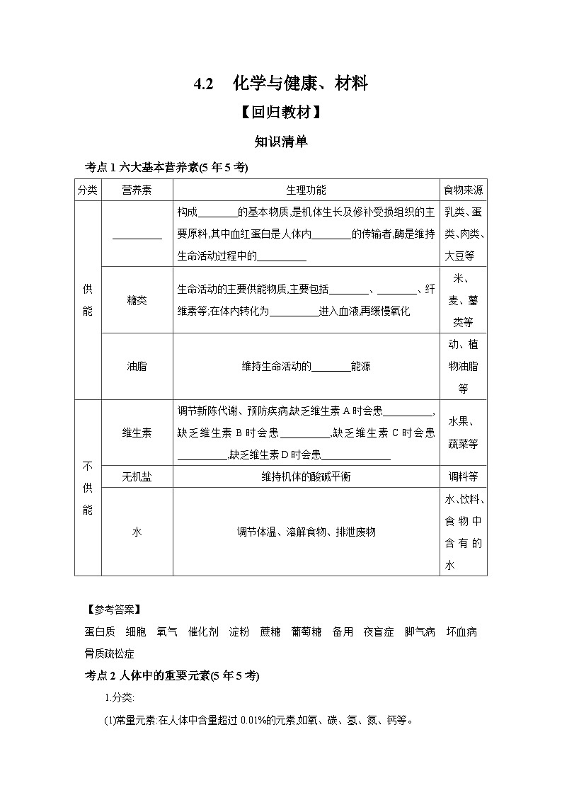 中考化学一轮复习考点精讲 学案 4.2 化学与健康、材料（含答案）第1页