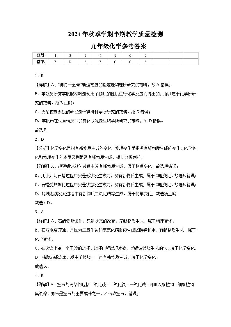 2024年秋季学期九年级半期教学质量检测(化学参考答案)第1页