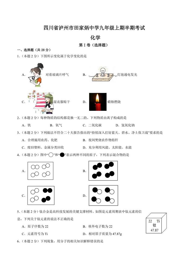 2024～2025学年四川省泸州市田家炳中学九年级(上)期中化学试卷(含答案)第1页