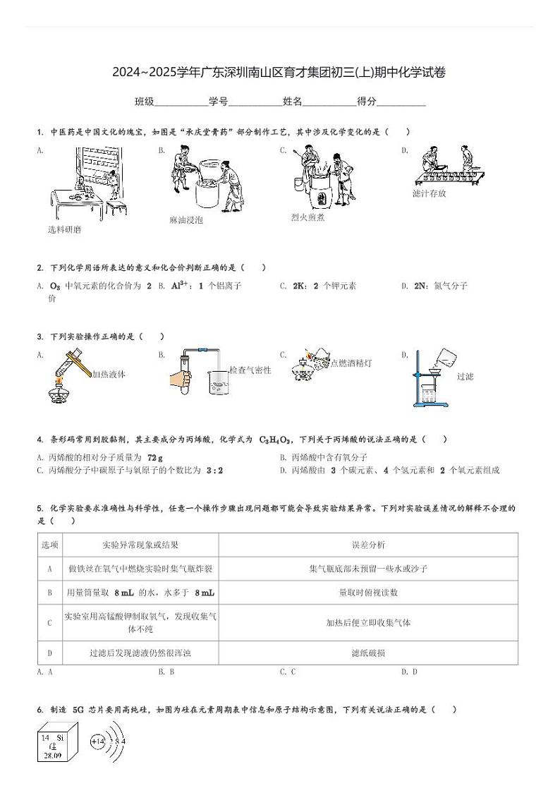 2024～2025学年广东深圳南山区育才集团初三(上)期中化学试卷(含解析)第1页
