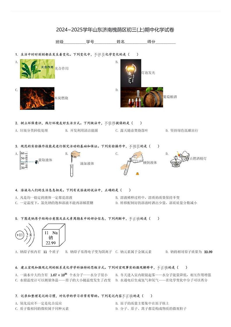 2024～2025学年山东济南槐荫区初三(上)期中化学试卷(含解析)第1页