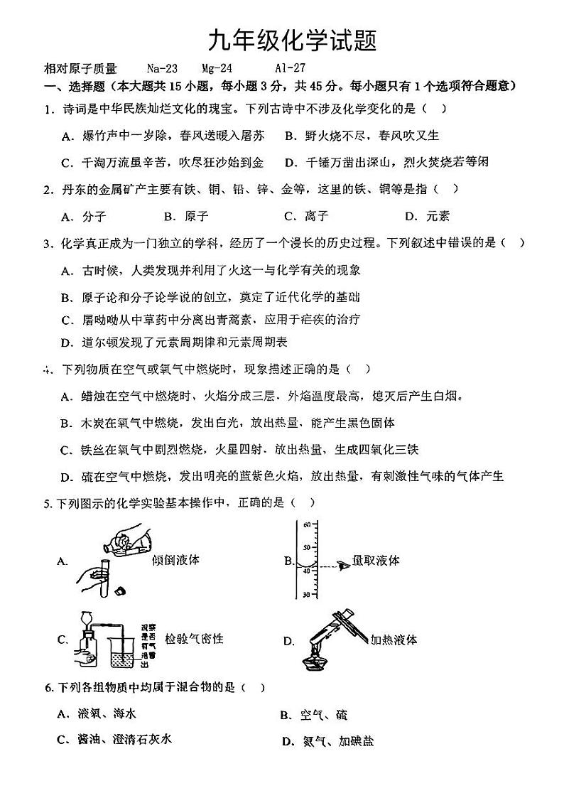 湖南省郴州市苏仙区2024-2025学年九年级上学期期中考试化学试题第1页