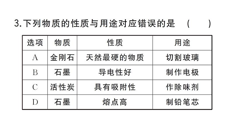 初中化学新人教版九年级上册第六单元课题1第一课时 碳的单质作业课件（2024秋）06