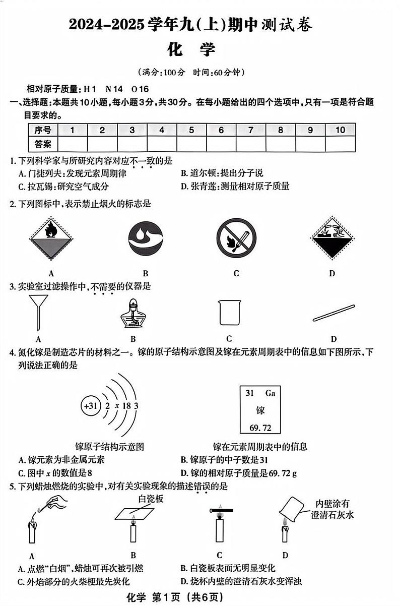福建省厦门市槟榔中学2024-2025学年九年级上学期期中测试化学试卷第1页