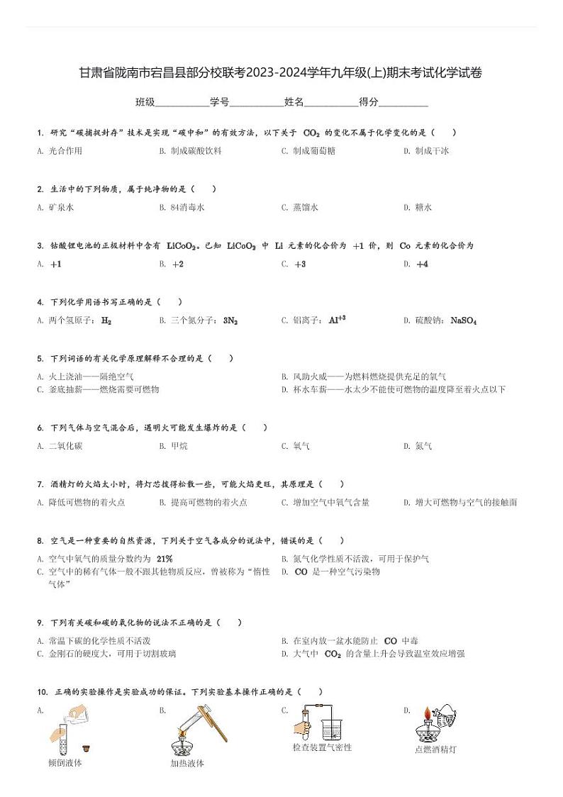 甘肃省陇南市宕昌县部分校联考2023-2024学年九年级(上)期末考试化学试卷(含解析)第1页