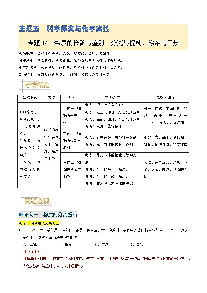 专题14  物质的检验与鉴别、分离与提纯、除杂与干燥（解析版）第1页