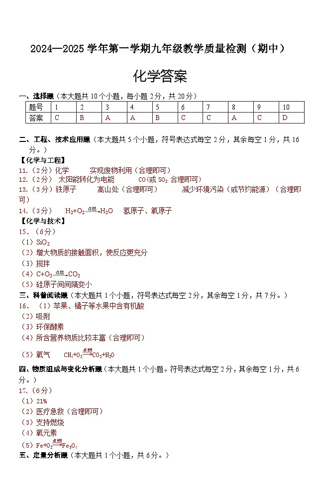 山西省忻州市岢岚县多校2024-2025学年九年级上学期期中测试化学试卷答案第1页