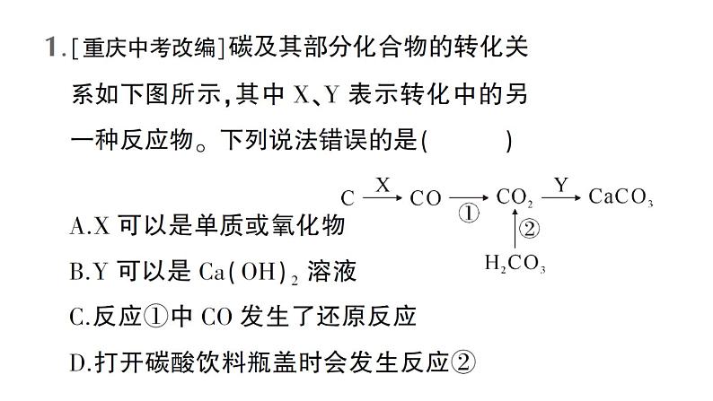 初中化学新人教版九年级上册第六单元微专题五 碳及其化合物间的转化作业课件2024秋第2页