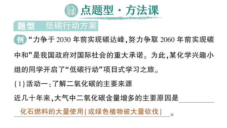 初中化学新人教版九年级上册第六单元跨学科实践活动五 基于碳中和理念设计低碳行动方案作业课件2024秋第2页