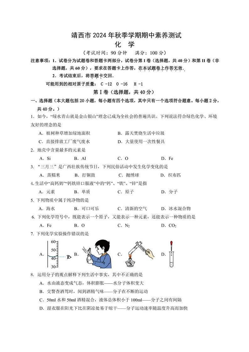 广西百色市靖西市2024～2025学年九年级(上)期中化学试卷(含答案)第1页