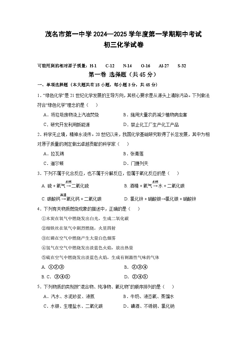 广东省茂名市第一中学2024-2025学年九年级上学期期中考试化学试题第1页