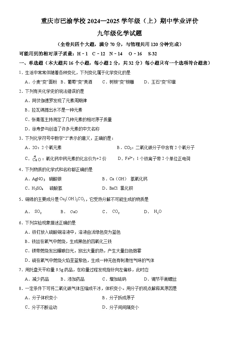 重庆市巴渝学校期中第1页