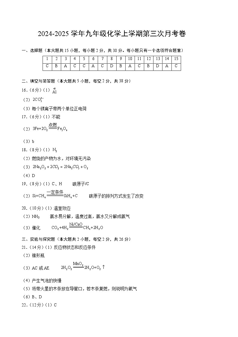 九年级化学第三次月考卷（参考答案）第1页