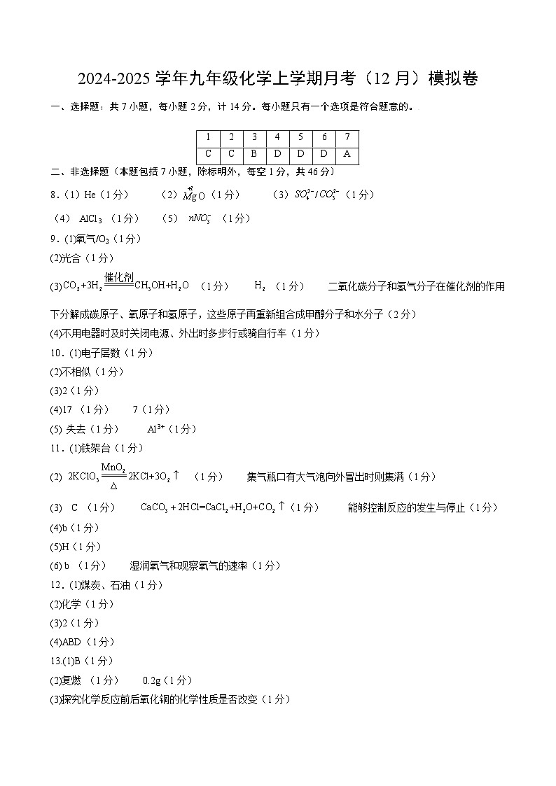 九年级化学第三次月考卷（参考答案）第1页