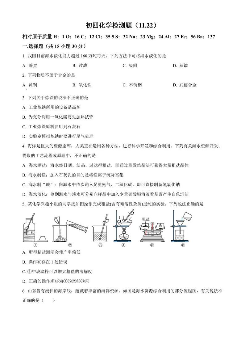 山东省淄博市张店区七中剑桥中学2024～2025学年九年级(上)11月月考化学试卷(含答案)第1页