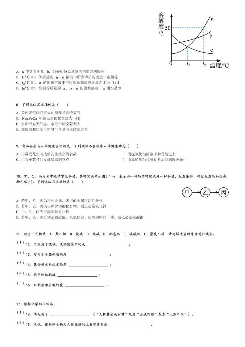 2024年江苏省徐州市沛县第五中学九年级化学中考模拟试卷(含解析)第2页