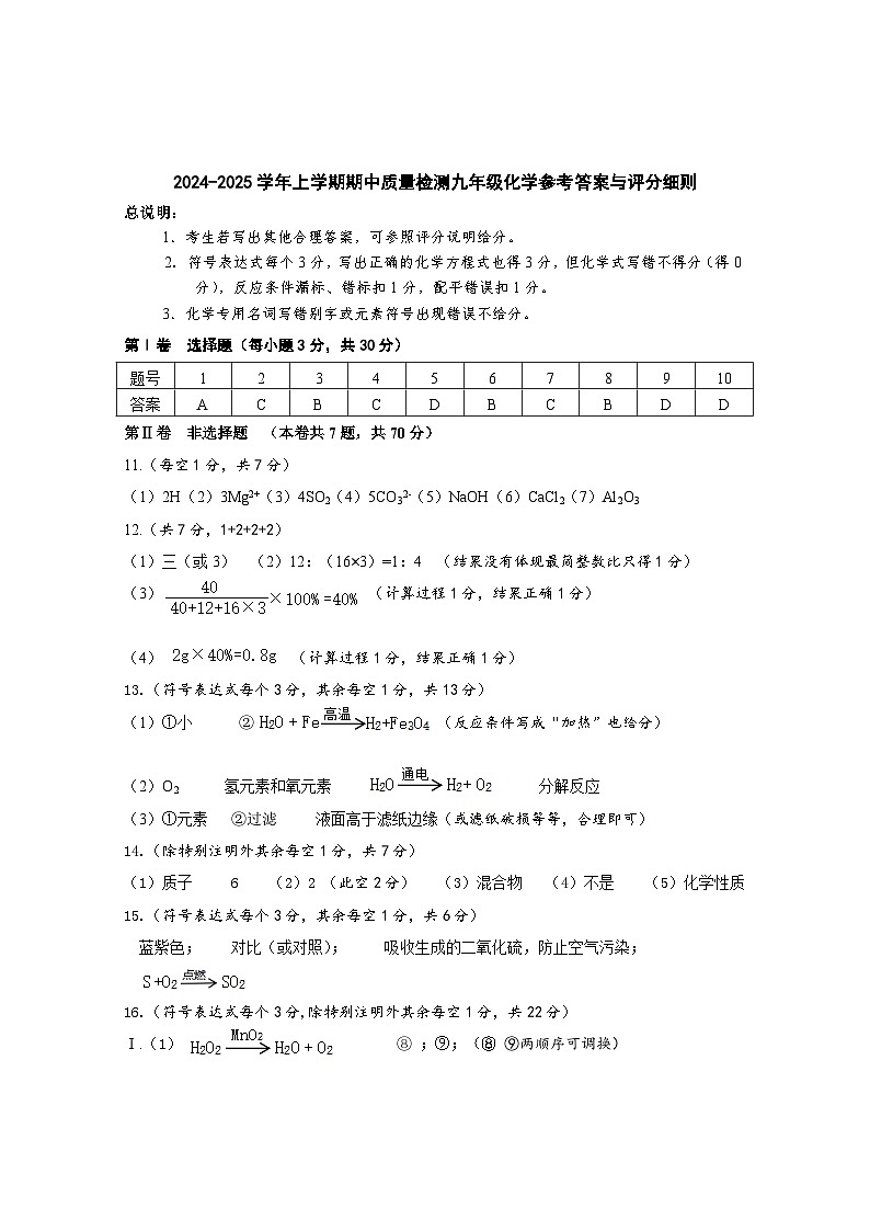 2024-2025学年上学期期中质量检测九年级化学参考答案（2024.11.05）第1页