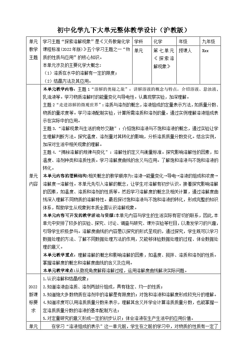 【大单元教学设计】7.3  饱和溶液和不饱和溶液 教学设计第1页