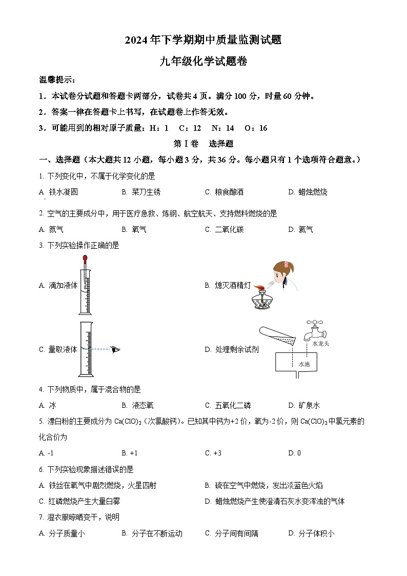 湖南省长沙市浏阳市2024-2025学年九年级上学期11月期中化学试题（原卷版）-A4第1页