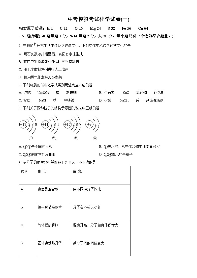 2024年青海省中考化学第一次模拟检测试卷（原卷版）-A4第1页