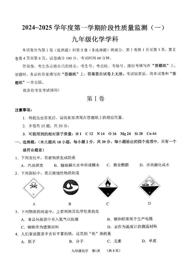 天津市南开区2024-2025学年九年级上学期期中考试化学试题第1页