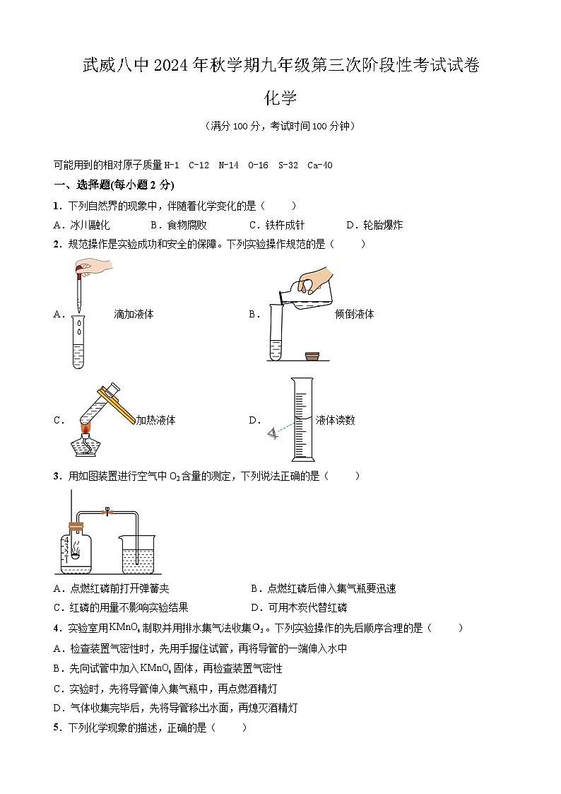 2024年秋学期九年级第三次阶段性化学试题第1页