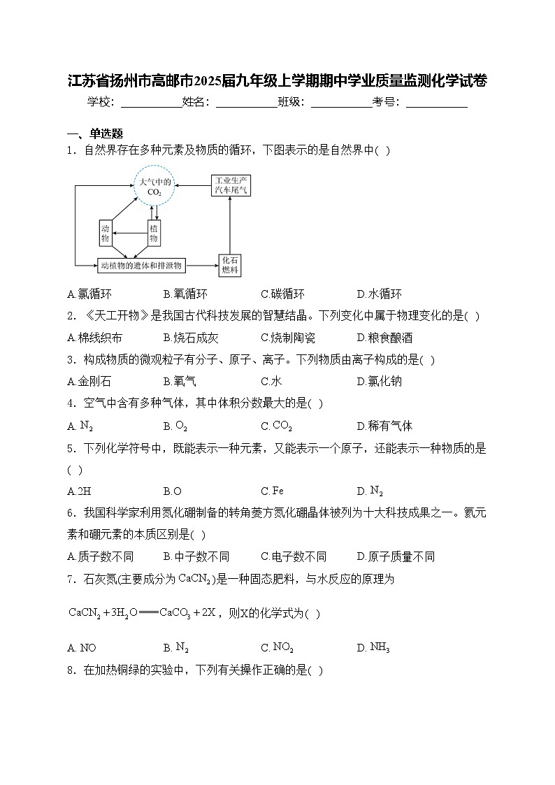 江苏省扬州市高邮市2025届九年级上学期期中学业质量监测化学试卷(含答案)第1页