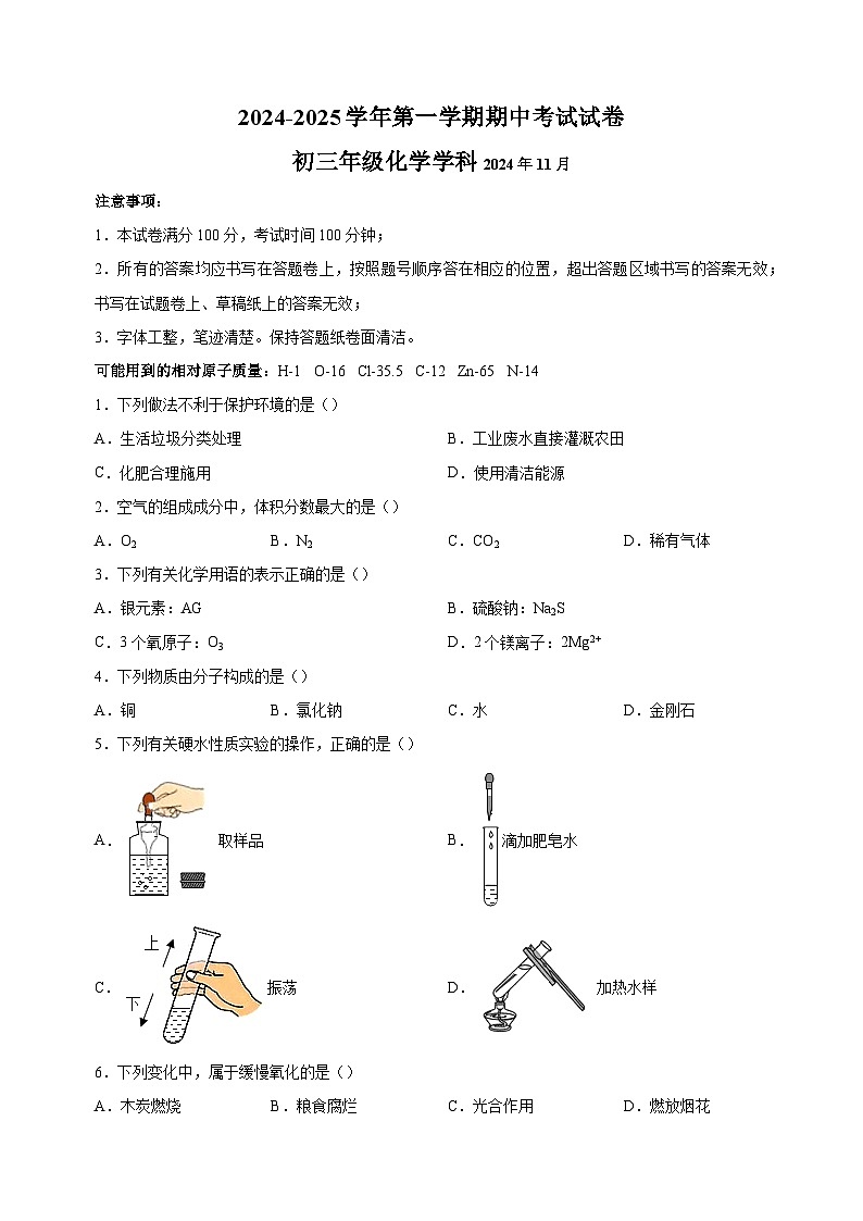 江苏省苏州市工业园区2024-2025学年九年级上学期期中五校联考化学试卷（含答案解析）第1页