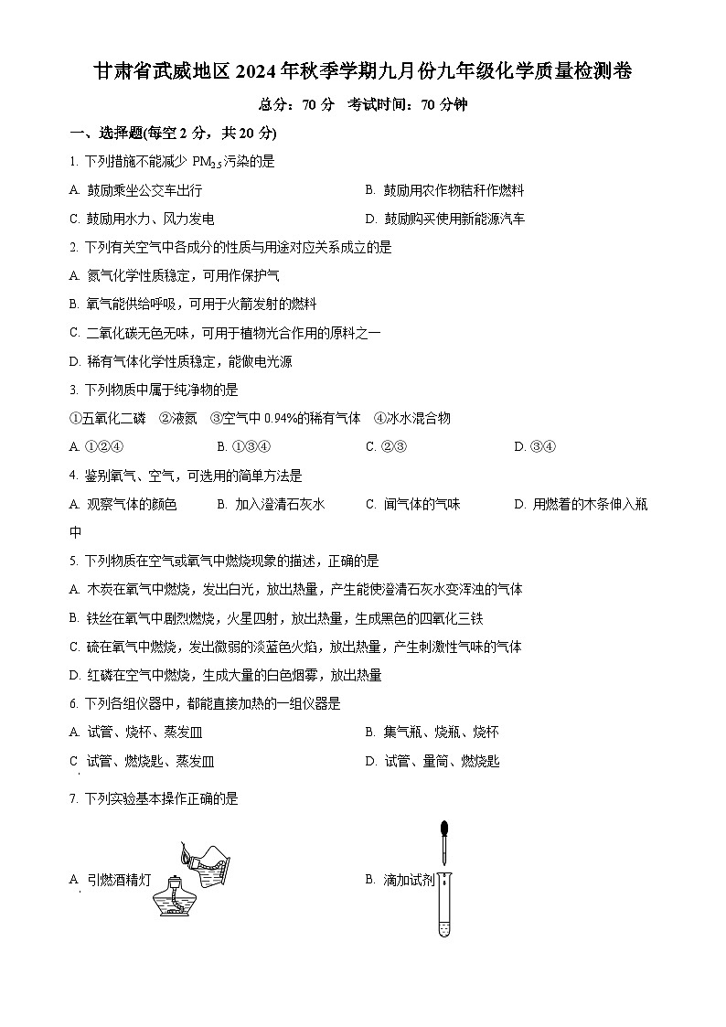 甘肃省武威地区2024-2025学年九年级上学期九月质量检测化学试题（原卷版）-A4第1页