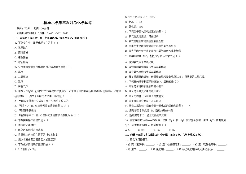 四川省广元市苍溪县龙山镇柏杨小学校2024-2025学年九年级上学期11月月考化学试题第1页
