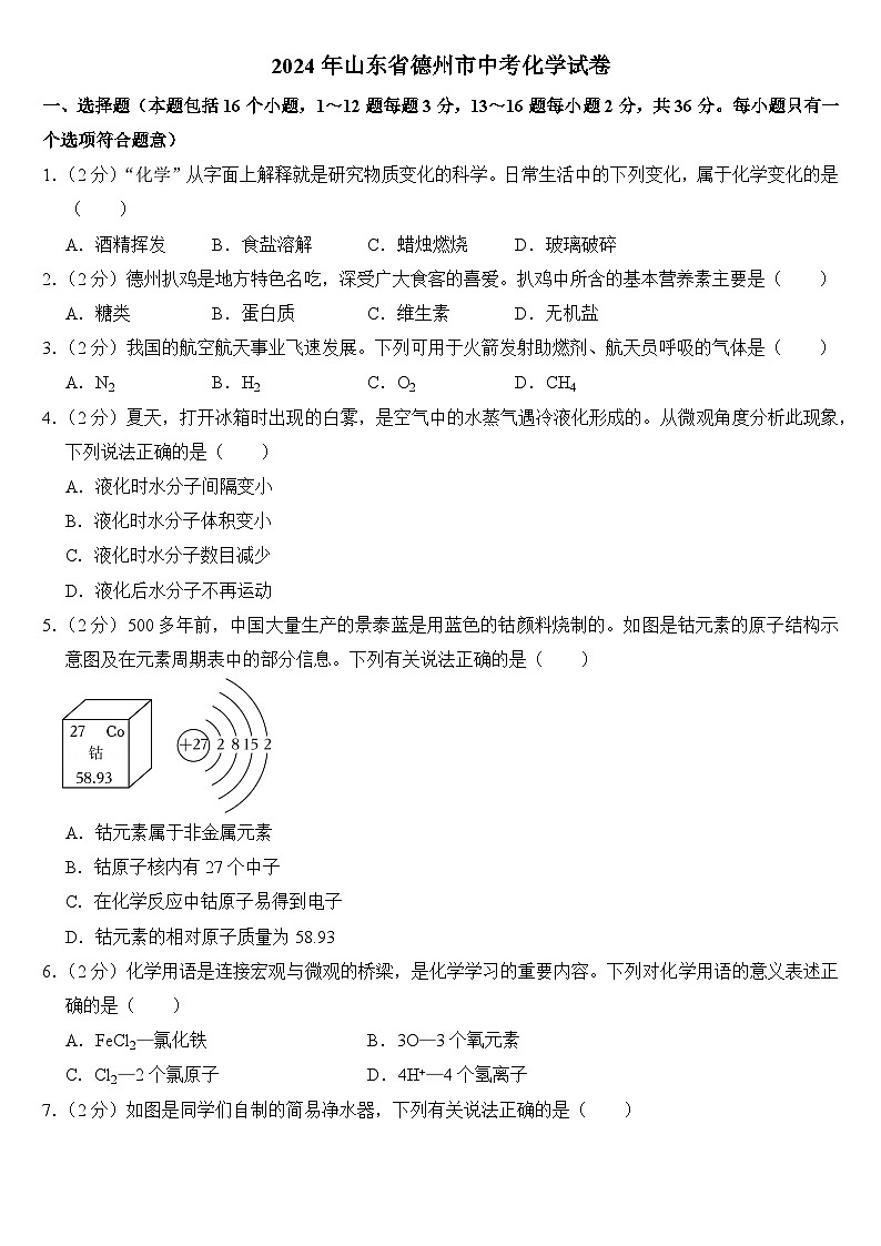 2024年山东省德州市中考化学试卷（附答案）第1页