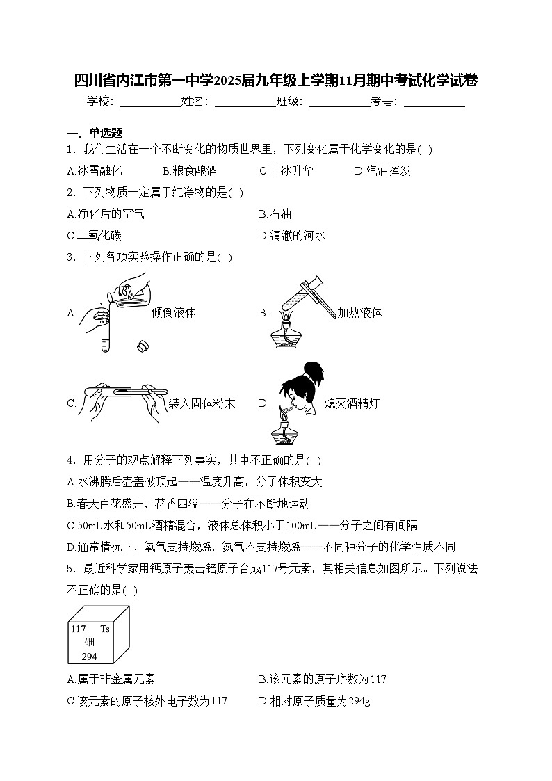 四川省内江市第一中学2025届九年级上学期11月期中考试化学试卷(含答案)第1页