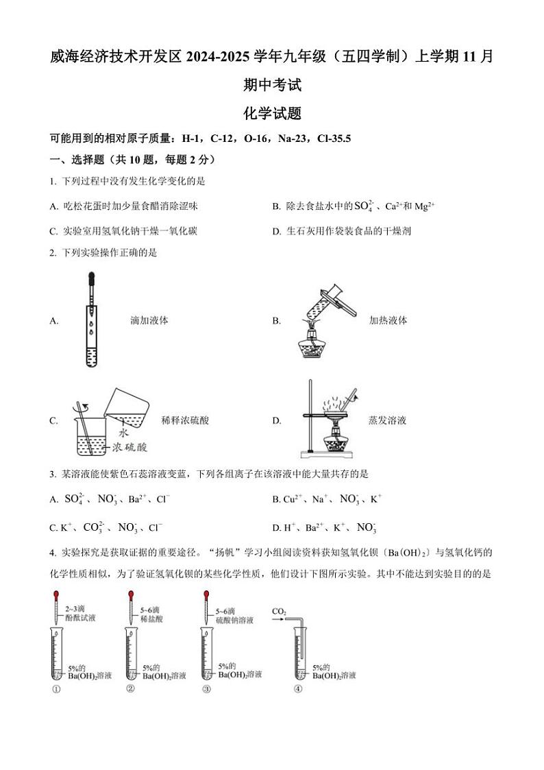 2024～2025学年山东省威海市威海经济技术开发区九年级(上)(五四学制)期中化学试卷(含答案)第1页