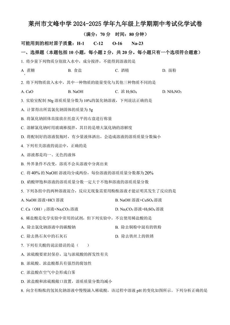 2024～2025学年山东省烟台市莱州市文峰中学九年级(上)期中化学试卷(含答案)第1页