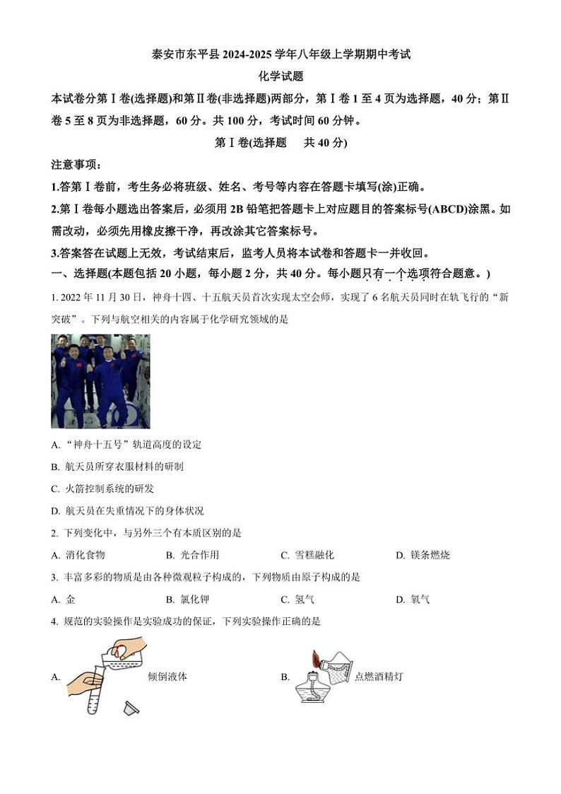 2024～2025学年山东省泰安市东平县八年级(上)期中化学试卷(含答案)第1页