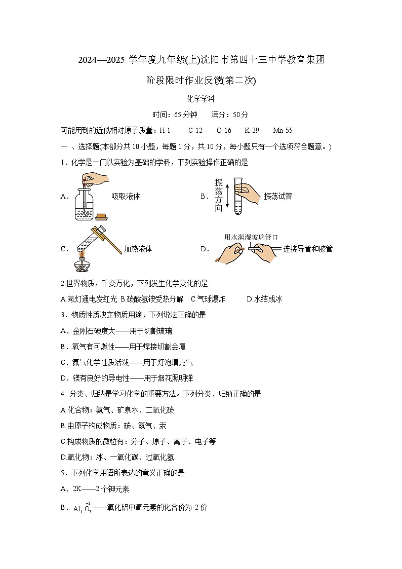 辽宁省沈阳市四十三中学2024-2025学年期中考试（原卷版）第1页