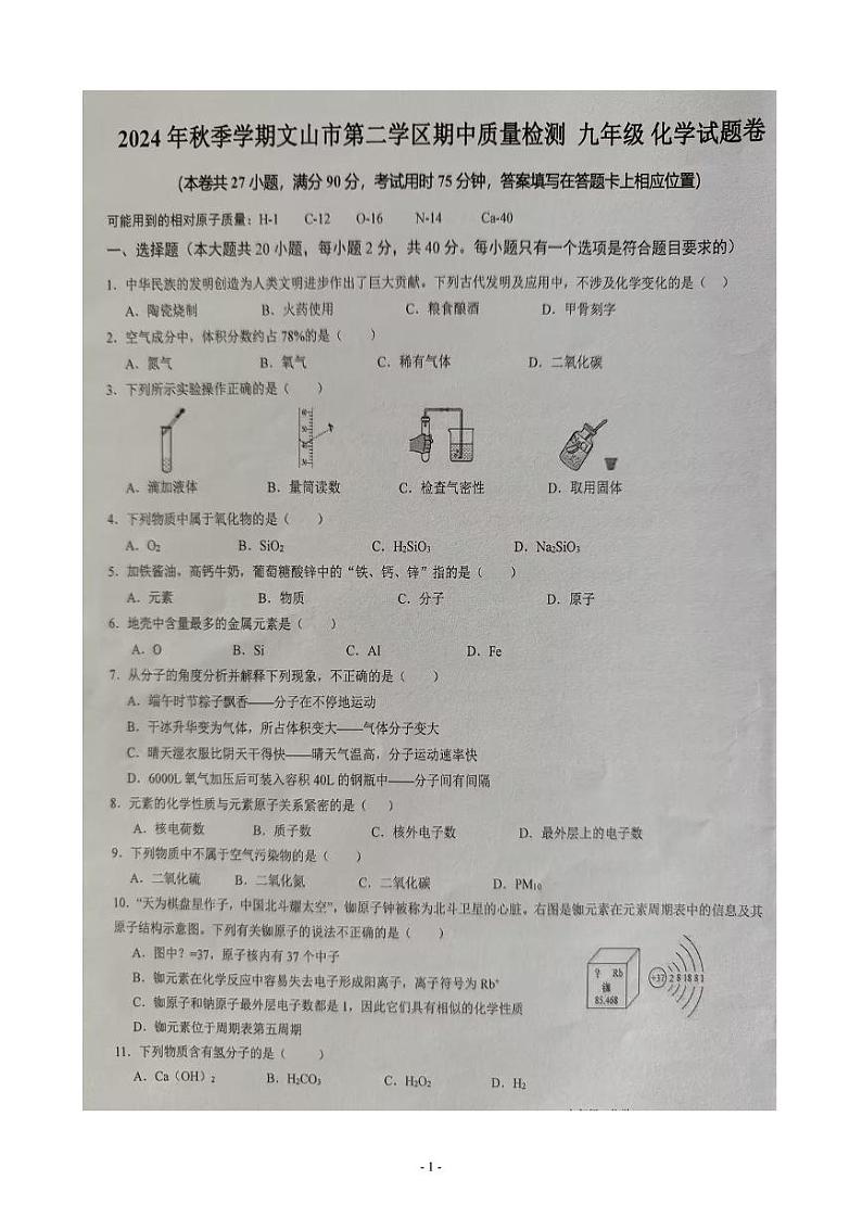 云南省文山市第二学区2024-2025学年九年级上学期11月期中化学试题第1页