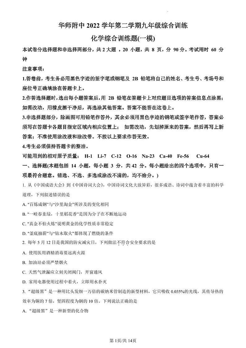 2023年广东省广州市天河区华南师范大学附属中学中考一模化学试题第1页